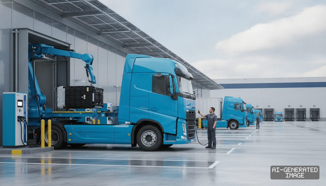 A robotic arm swaps a battery onto a blue electric truck at an automated station as a technician monitors the process. (AI-generated image)