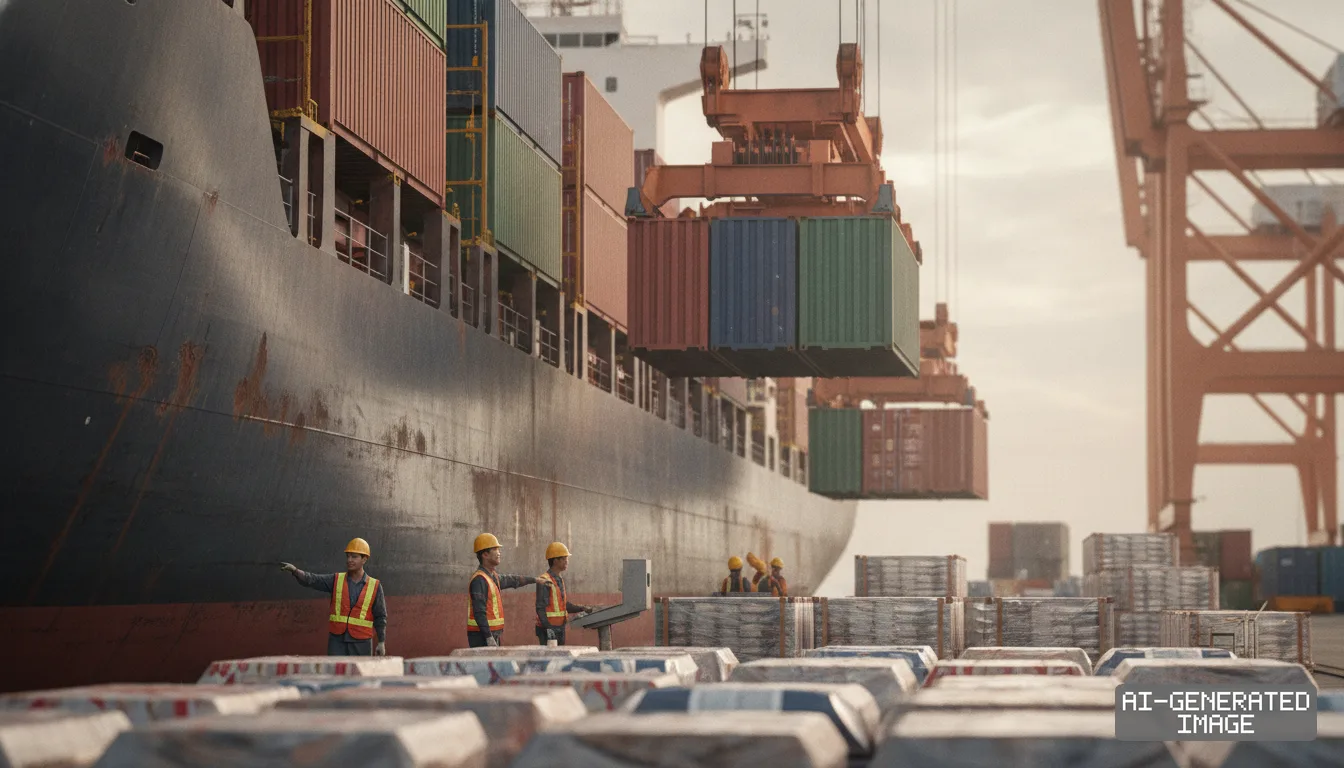 Workers in safety vests monitor cranes moving shipping containers beside a large cargo vessel at a busy commercial port. (AI-generated image)