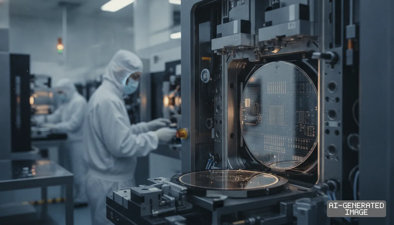 Silicon wafers rest inside specialized machinery as cleanroom workers in protective suits conduct semiconductor manufacturing trials. (AI-generated image)