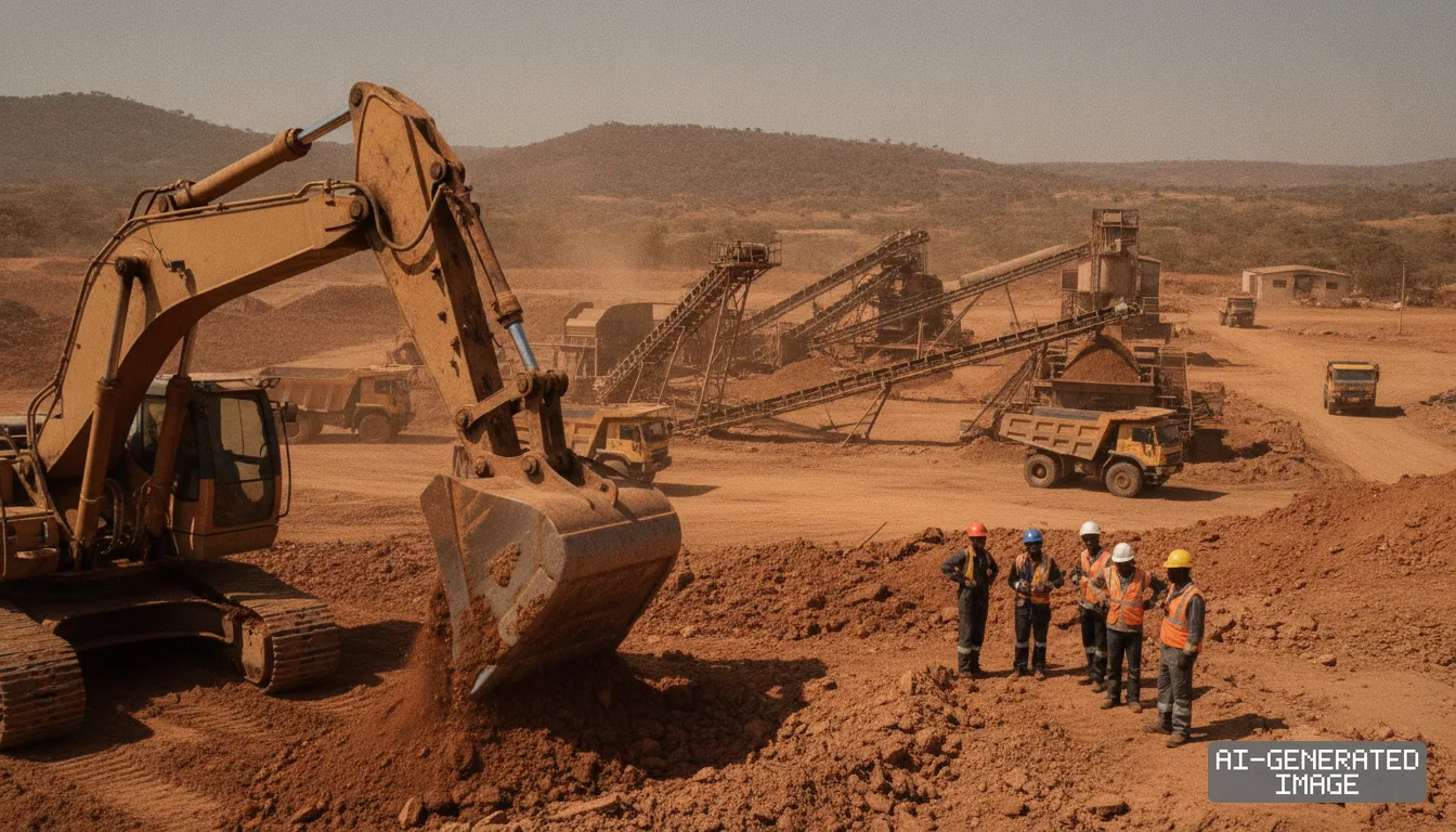 Workers stand near an excavator digging soil at an open-pit mining site amid rising interest in critical minerals. (AI-generated image)