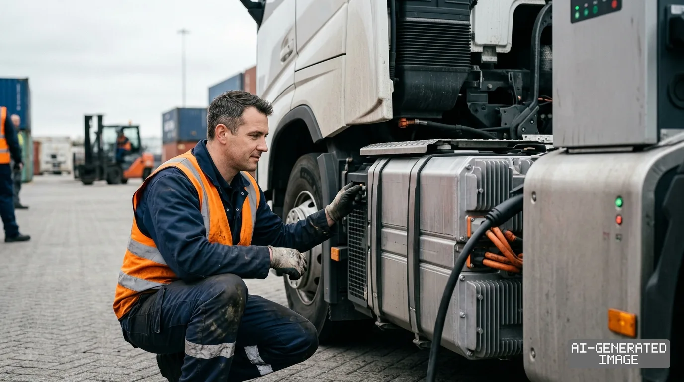 A worker inspects the battery pack of an electric commercial truck connected to a charging station at a shipping yard. (AI-generated image)