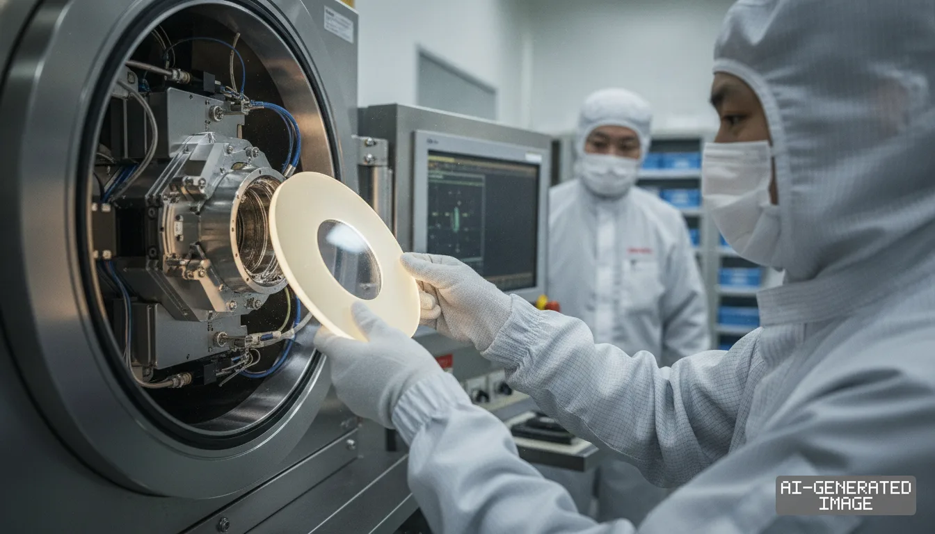 Technicians in cleanroom suits inspect a circular component beside an open chamber in a semiconductor manufacturing facility. (AI-generated image)
