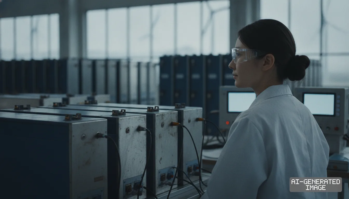 A technician in safety glasses monitors battery units connected to testing equipment inside a laboratory. (AI-generated image)