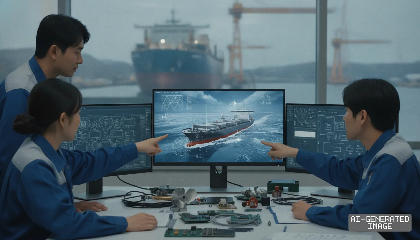 Engineers analyze a digital ship model and technical schematics on computer monitors in an office overlooking a shipyard. (AI-generated image)