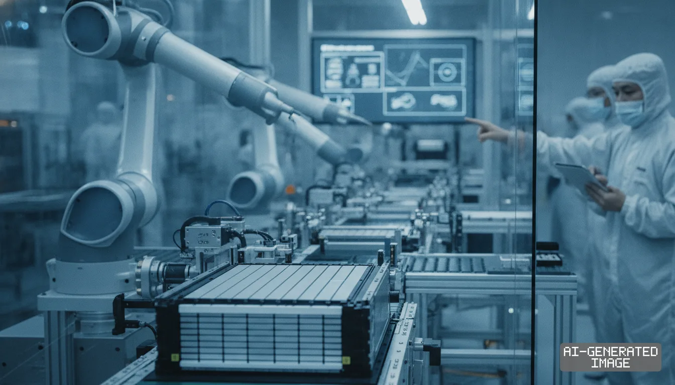 Robotic arms assemble battery packs on an automated production line while technicians in cleanroom suits monitor the manufacturing process. (AI-generated image)