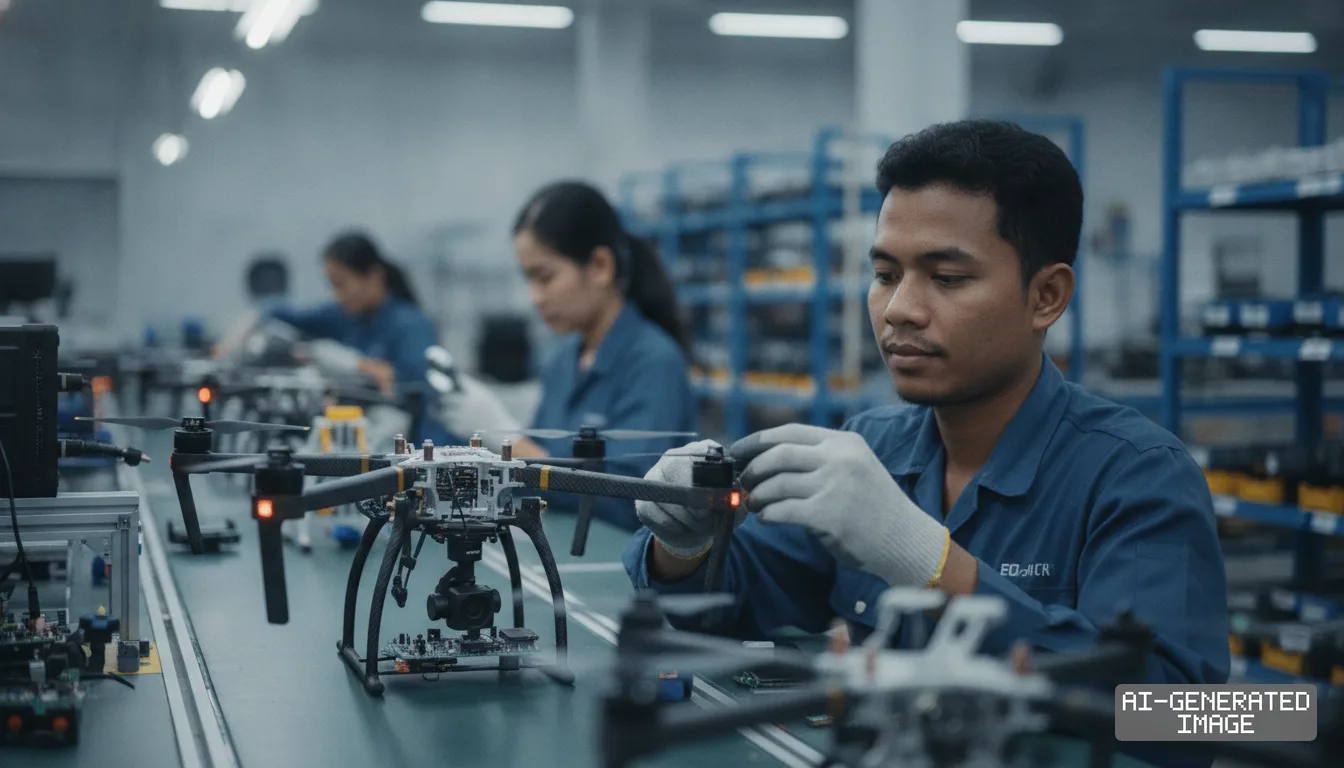 Factory workers assemble components on small commercial drones along an electronics production line. (AI-generated image)