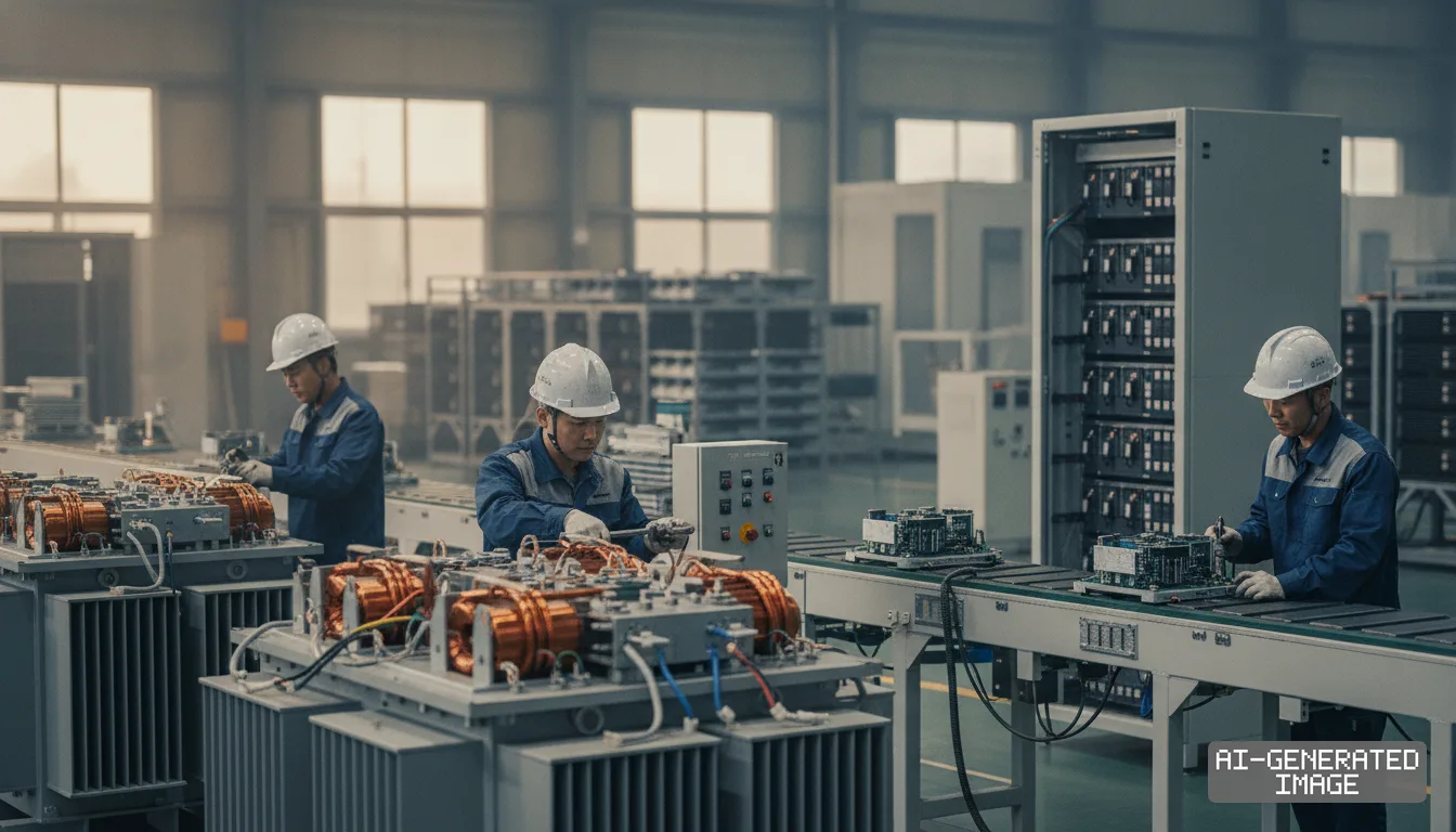 Workers in hard hats assemble industrial transformers and electrical equipment along a factory production line. (AI-generated image)