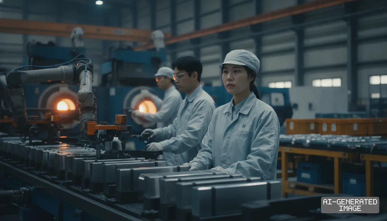 Workers monitor an automated production line of metal blocks inside a permanent magnet manufacturing facility in South Korea. (AI-generated image)