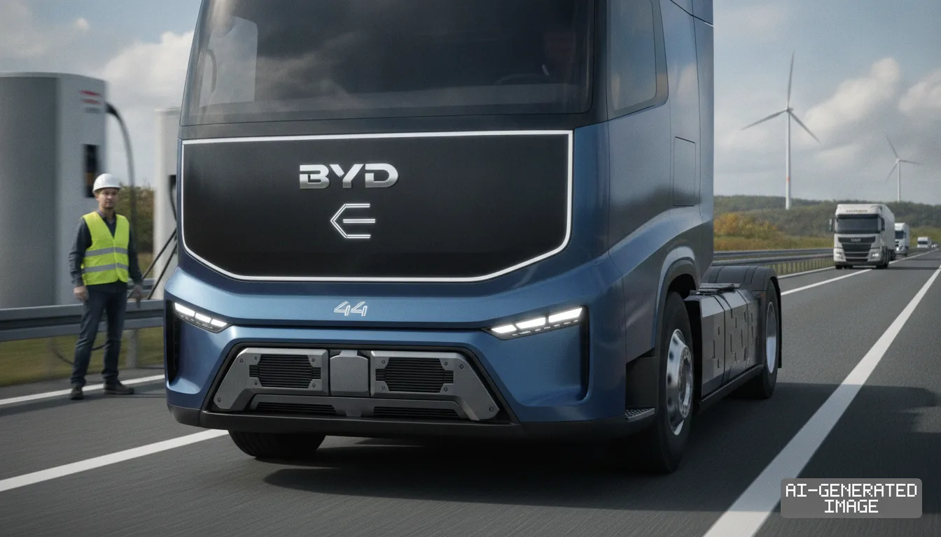 A blue BYD electric tractor drives along a highway past a roadside charging station and wind turbines. (AI-generated image)