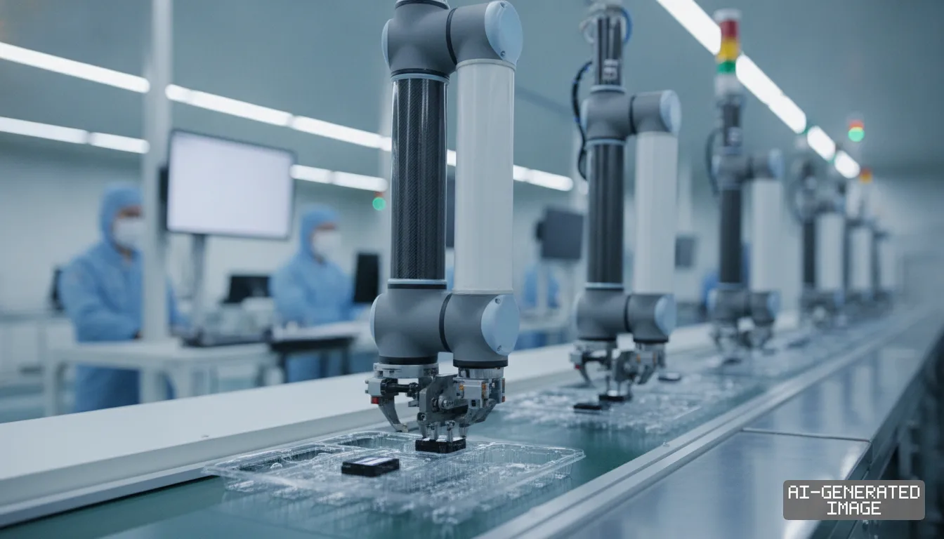 Robotic arms place small components into trays on an automated conveyor line inside a cleanroom manufacturing facility. (AI-generated image)