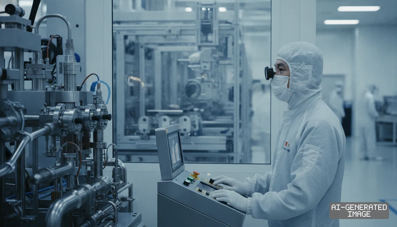 A technician in cleanroom attire operates a control console beside advanced equipment inside a semiconductor manufacturing facility. (AI-generated image)