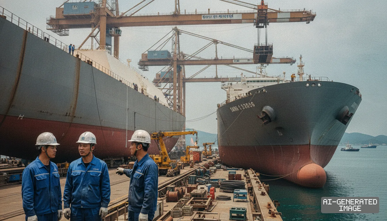 Shipyard workers stand along a pier between large commercial vessels under construction beneath towering gantry cranes. (AI-generated image)