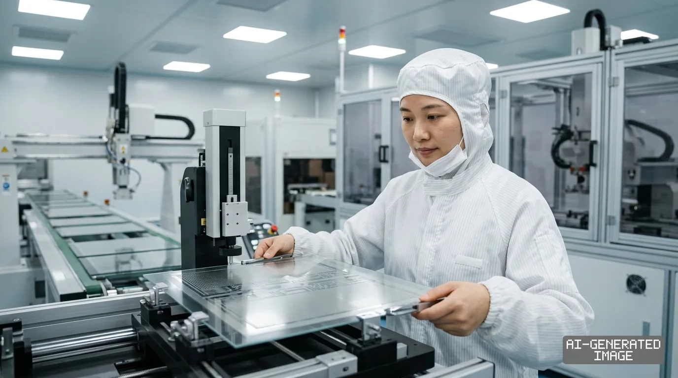 A worker handles a patterned glass substrate on an automated processing line inside a semiconductor cleanroom facility. (AI-generated image)