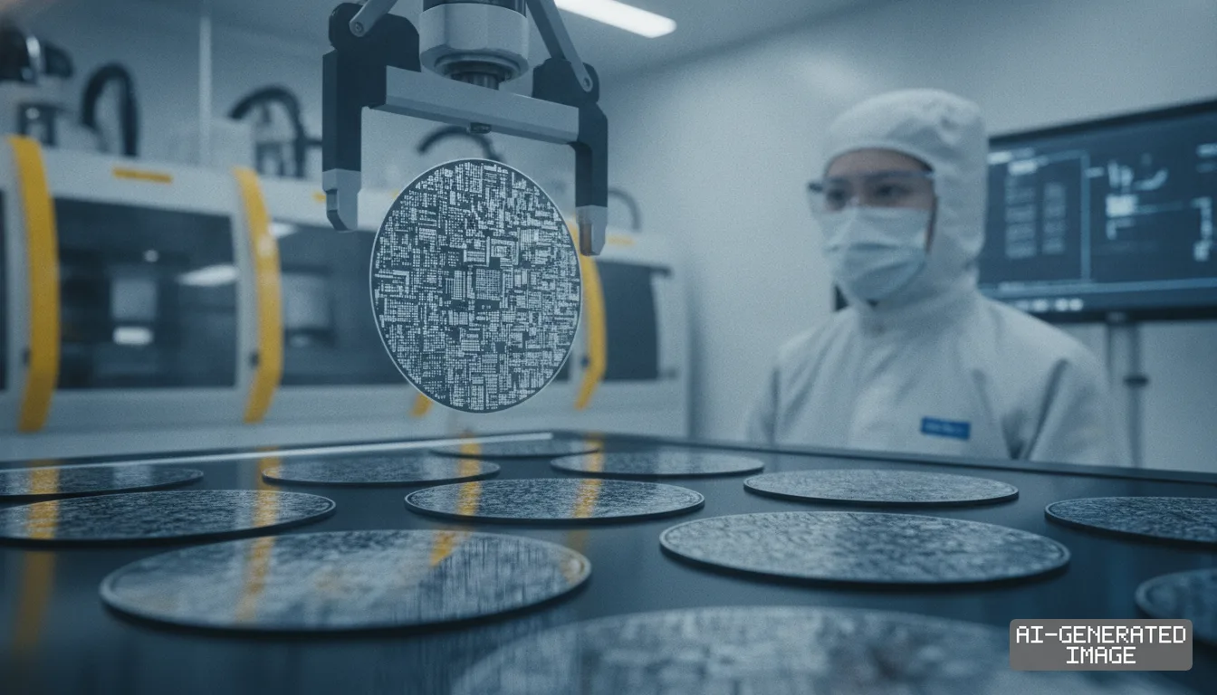 A robotic arm handles a patterned silicon wafer inside a semiconductor manufacturing cleanroom as a technician looks on. (AI-generated image)