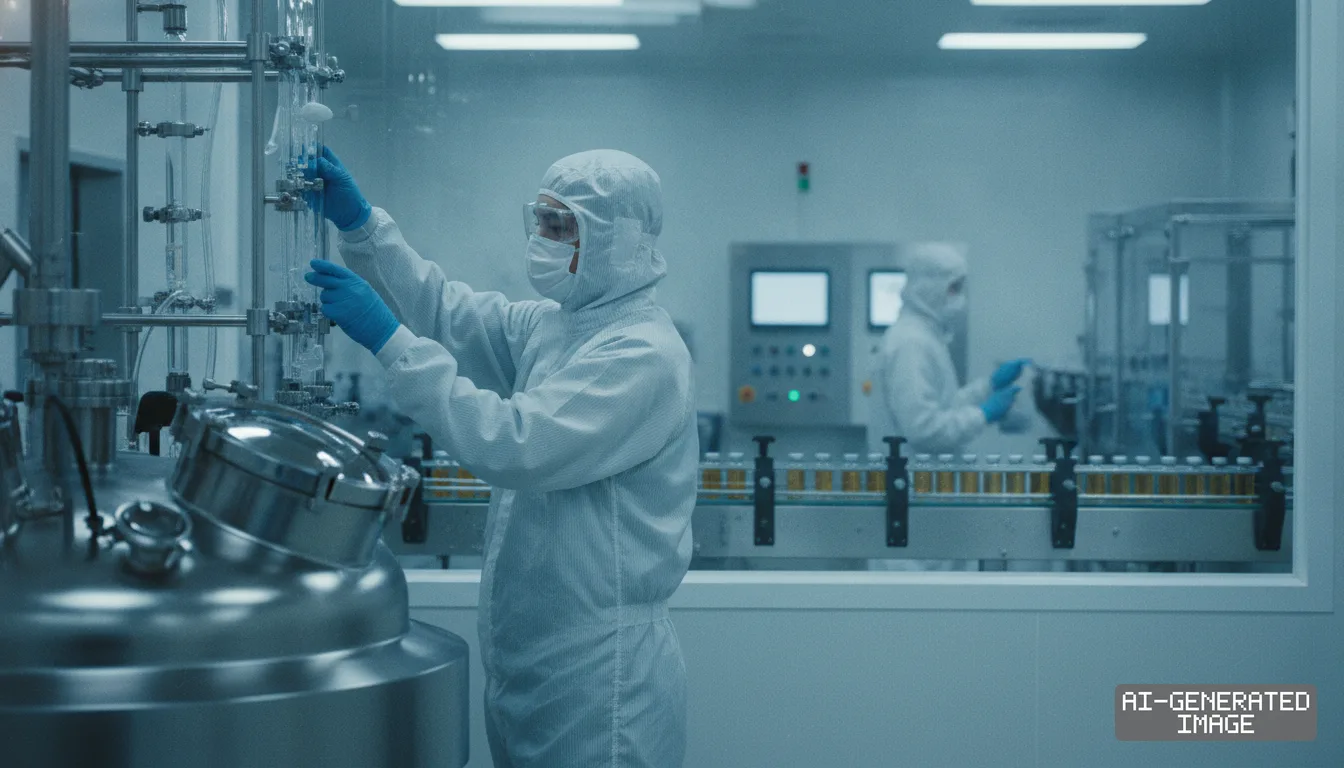 Workers in protective suits monitor equipment along a biopharmaceutical manufacturing line in a cleanroom. (AI-generated image)