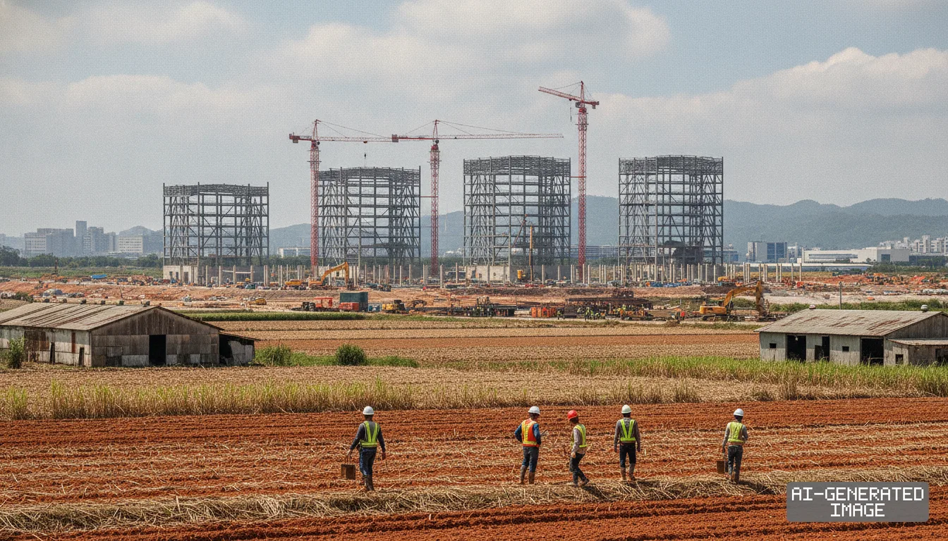 Workers walk across agricultural land as construction advances on large steel-frame facilities in southern Taiwan. (AI-generated image)