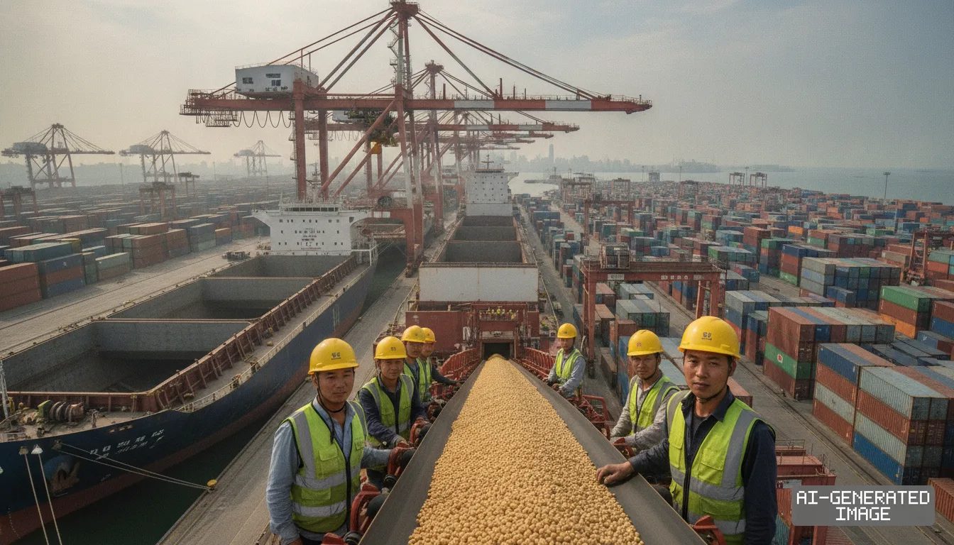 Port workers monitor a conveyor belt transporting soybeans beside a bulk carrier ship at a busy container terminal. (AI-generated image)