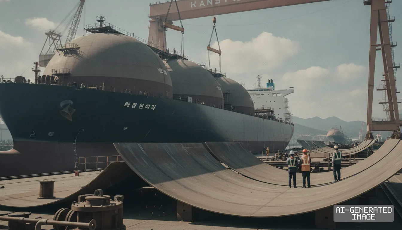 Shipyard workers stand near curved steel plates as an LNG carrier undergoes construction beneath a massive gantry crane. (AI-generated image)