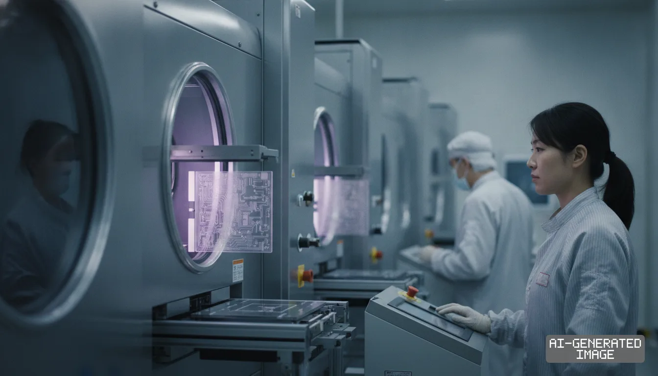 Technicians operate automated machinery inside a cleanroom at a semiconductor manufacturing facility. (AI-generated image)
