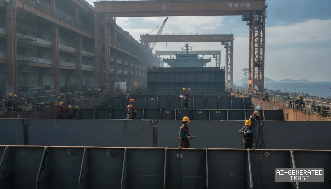 Shipyard workers wearing safety gear assemble a vessel's hull beneath towering gantry cranes at a shipyard. (AI-generated image)