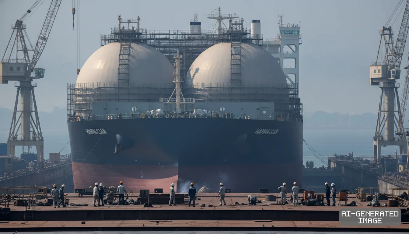 Workers stand in a shipyard as a large Hanwha Ocean liquefied natural gas carrier sits under construction in a dry dock. (AI-generated image)