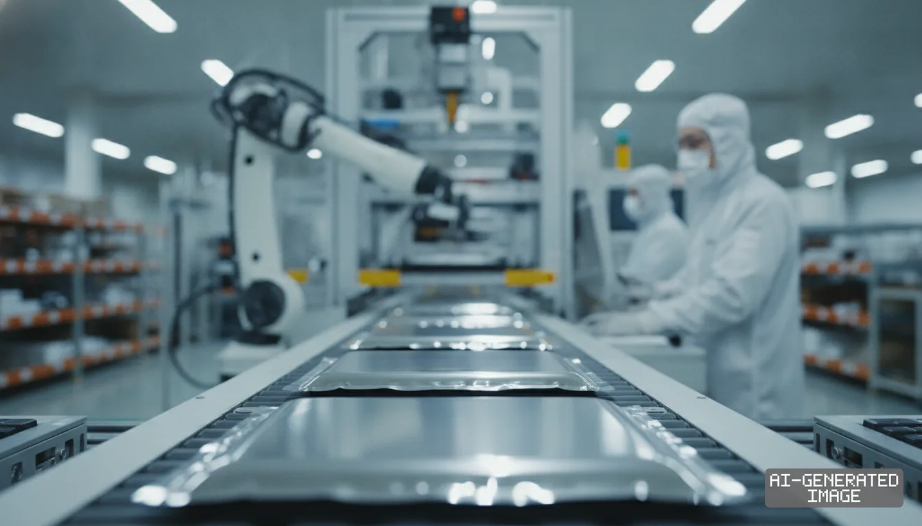 Battery pouch cells travel along an automated conveyor line as workers in protective suits monitor machinery in a manufacturing plant. (AI-generated image)