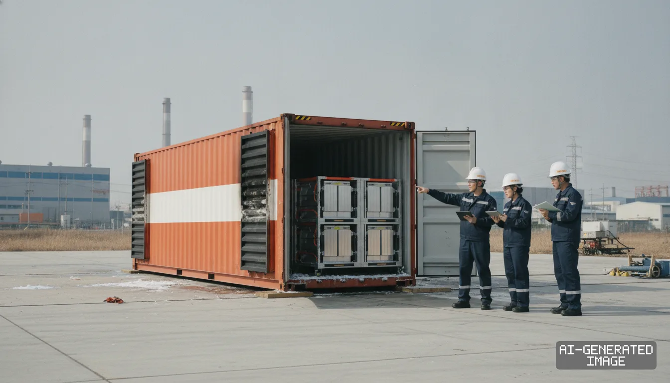Workers in hard hats inspect a containerized energy storage system housing battery racks at an outdoor facility. (AI-generated image)