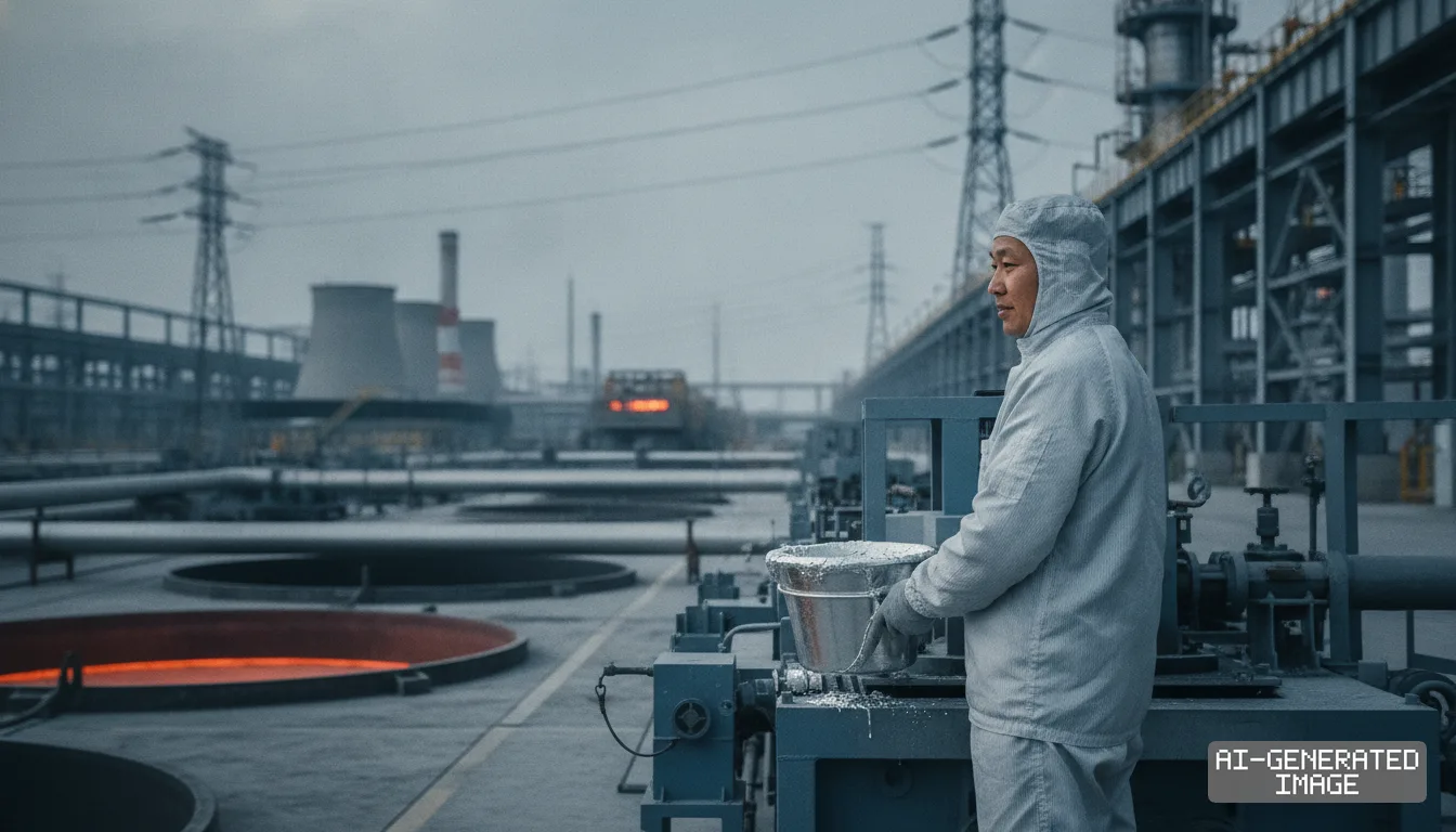 A worker in protective clothing handles a container of metal beside heavy machinery at an industrial refinery. (AI-generated image)