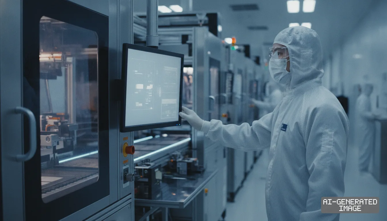 A cleanroom technician in protective gear monitors automated equipment on a semiconductor fabrication line. (AI-generated image)