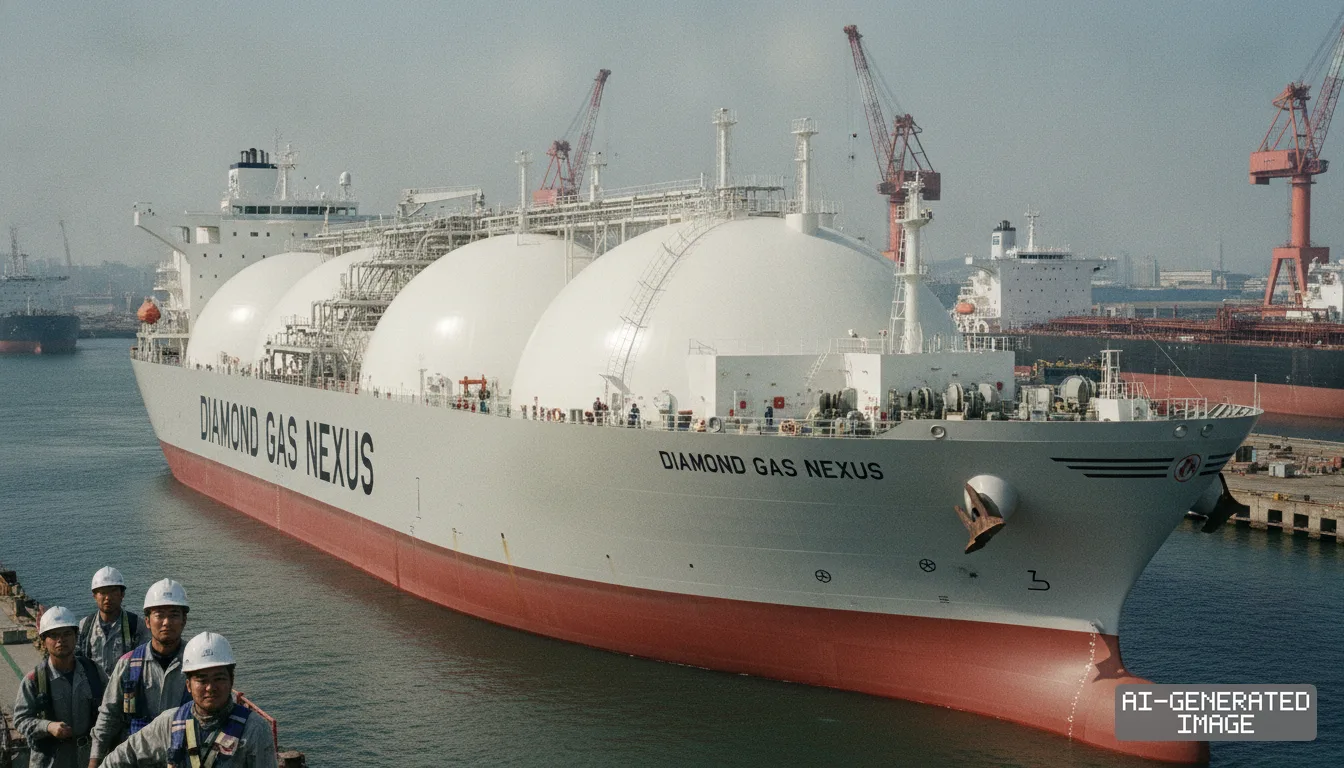 The liquefied natural gas carrier Diamond Gas Nexus sits docked at a shipyard with workers wearing hard hats visible in the foreground. (AI-generated image)