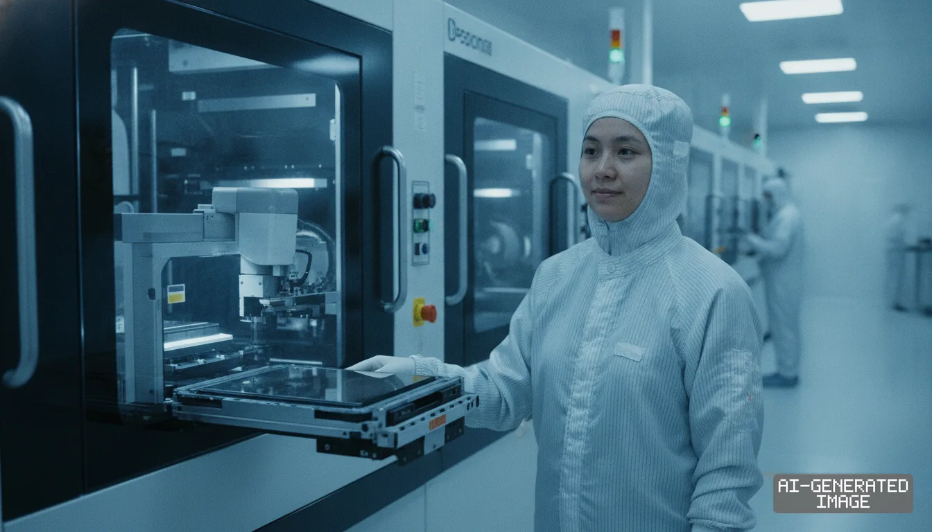 A technician in protective cleanroom gear works with equipment inside a semiconductor wafer fabrication facility. (AI-generated image)