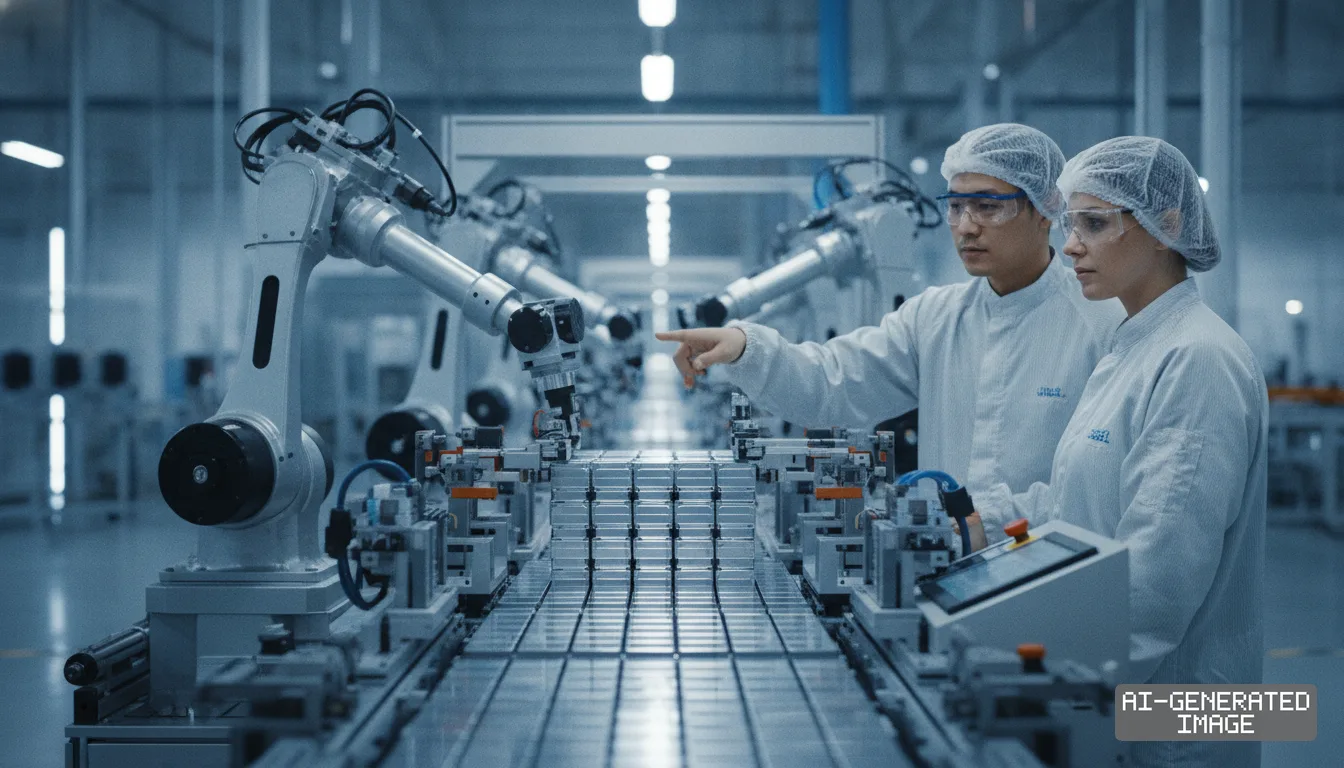 Two technicians observe robotic arms handling battery cells along an automated production line. (AI-generated image)