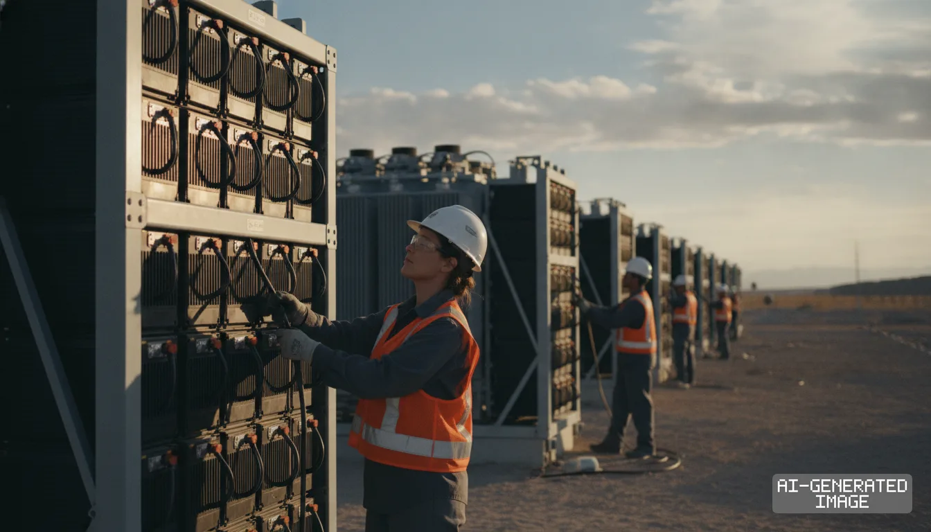 Technicians in safety gear maintain rows of large-scale battery storage racks at an outdoor facility. (AI-generated image)