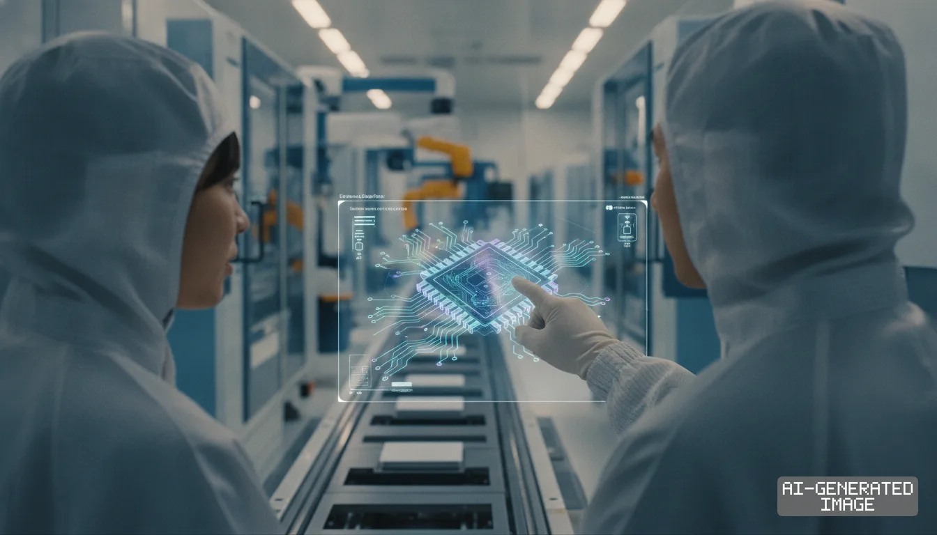 Engineers in cleanroom suits examine a digital microchip design on a holographic display inside a semiconductor manufacturing facility. (AI-generated image)