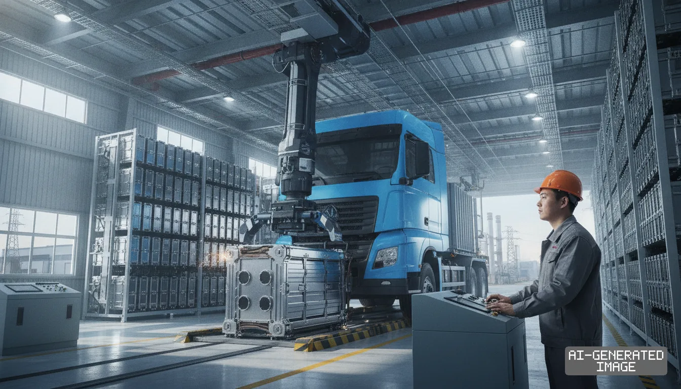 A worker operates a control panel as a robotic arm maneuvers a battery pack beside an electric heavy truck in a swap station. (AI-generated image)