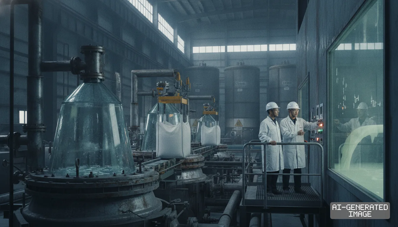 Two technicians operate a control panel inside an industrial chemical plant that produces sulfuric acid. (AI-generated image)