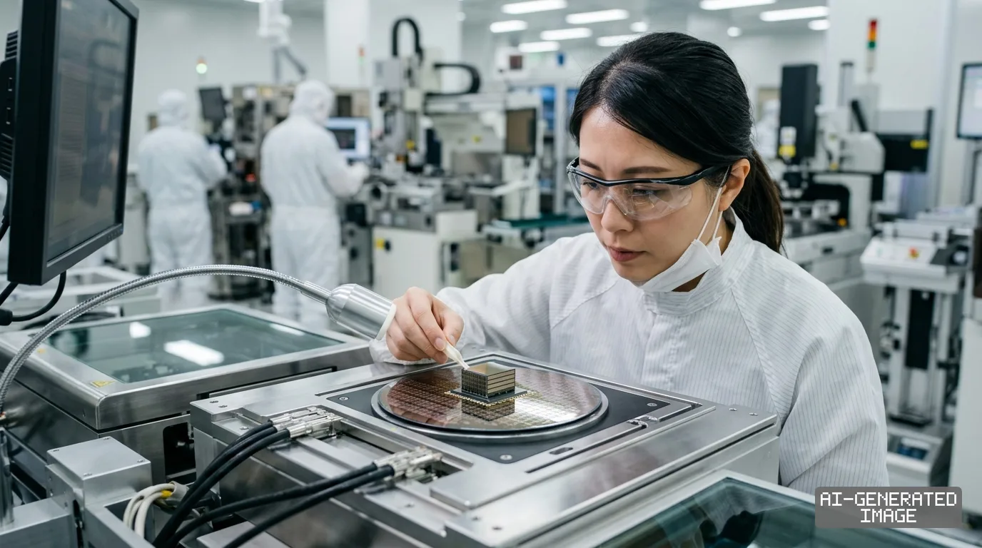 An engineer inspects a stacked semiconductor chip on a silicon wafer inside an advanced memory packaging cleanroom. (AI-generated image)