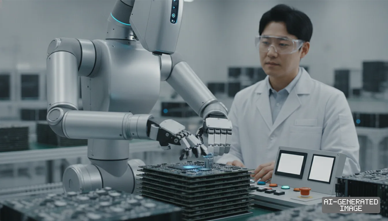 A technician monitors a robot handling electronic circuit boards in a manufacturing facility. (AI-generated image)