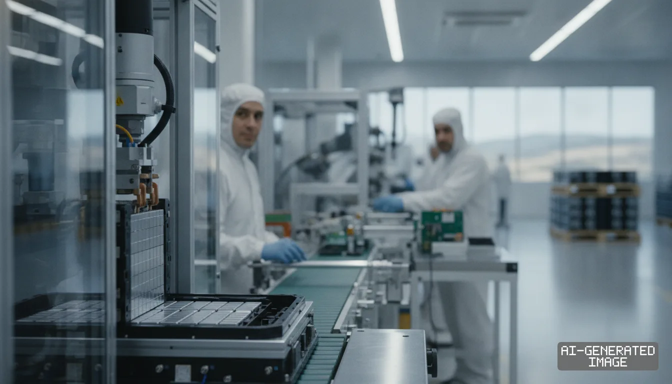 Workers in protective suits oversee an automated battery assembly line inside a cleanroom manufacturing facility. (AI-generated image)