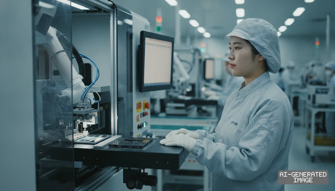 A technician in cleanroom apparel monitors automated assembly machinery inside a semiconductor packaging facility. (AI-generated image)