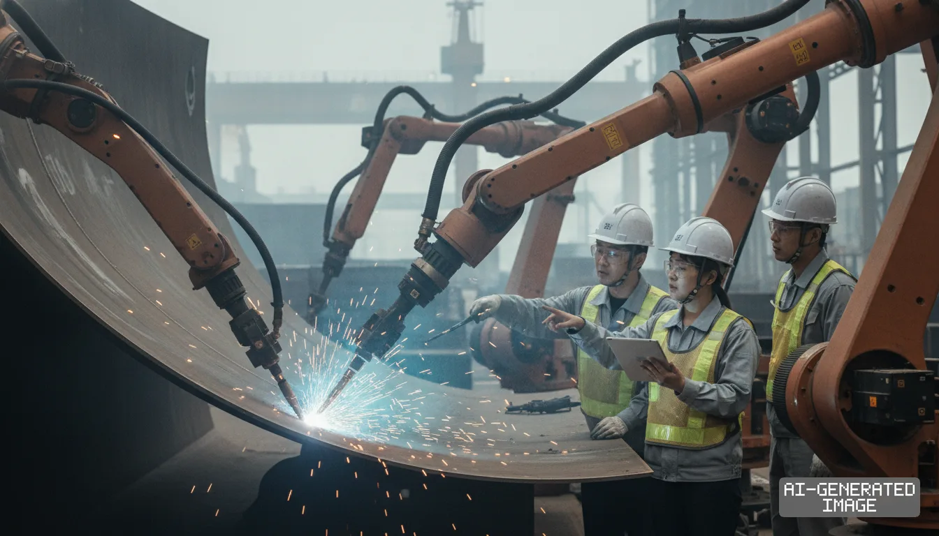 Shipyard workers monitor robotic arms welding a curved steel plate during automated fabrication operations. (AI-generated image)