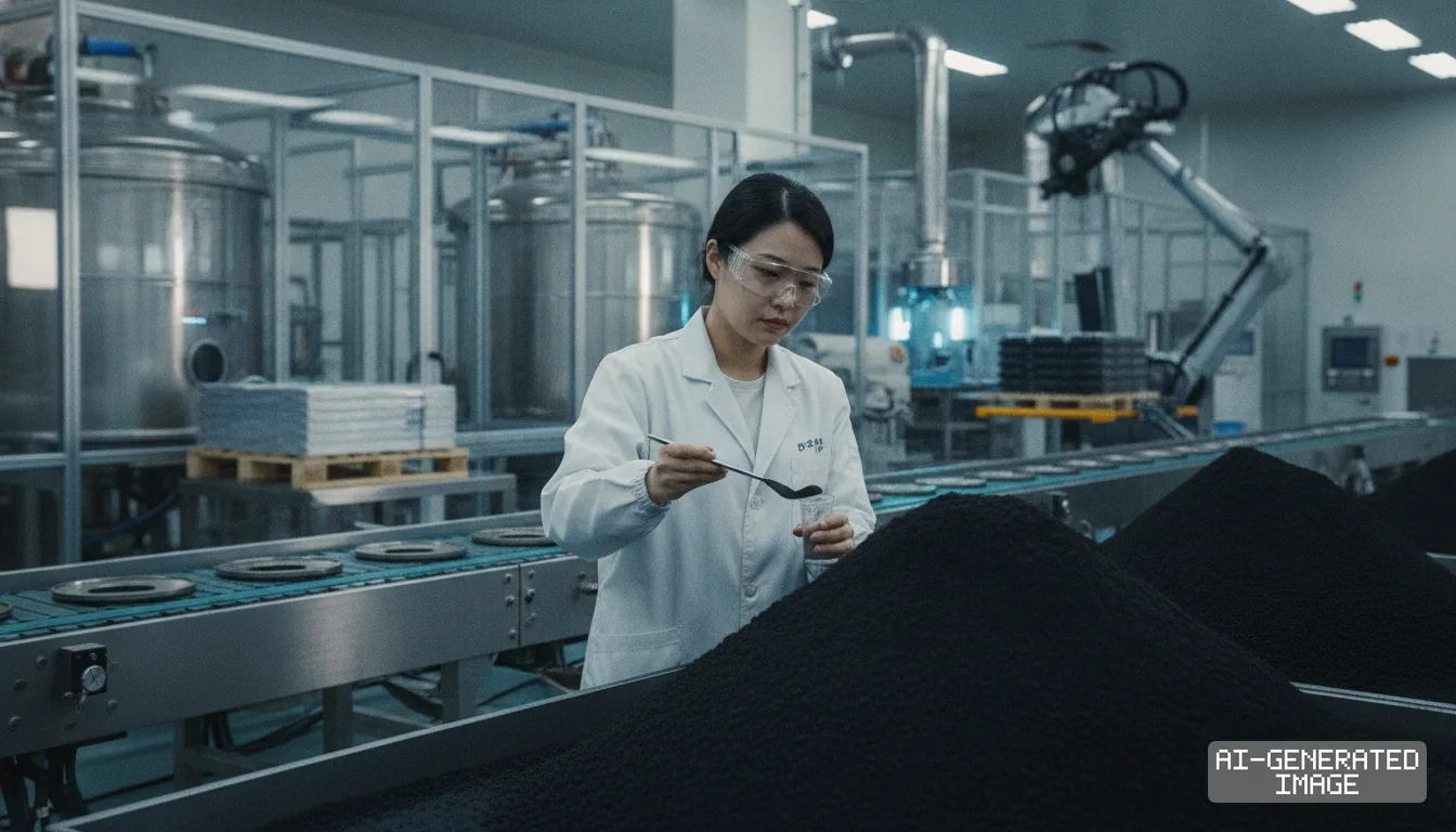A worker in a lab coat samples black cathode powder along a production line inside a battery materials manufacturing plant. (AI-generated image)