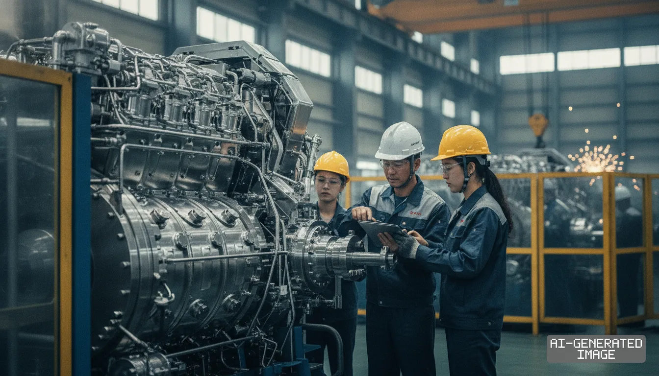 Engineers inspect a large marine engine with a tablet inside an industrial manufacturing facility. (AI-generated image)