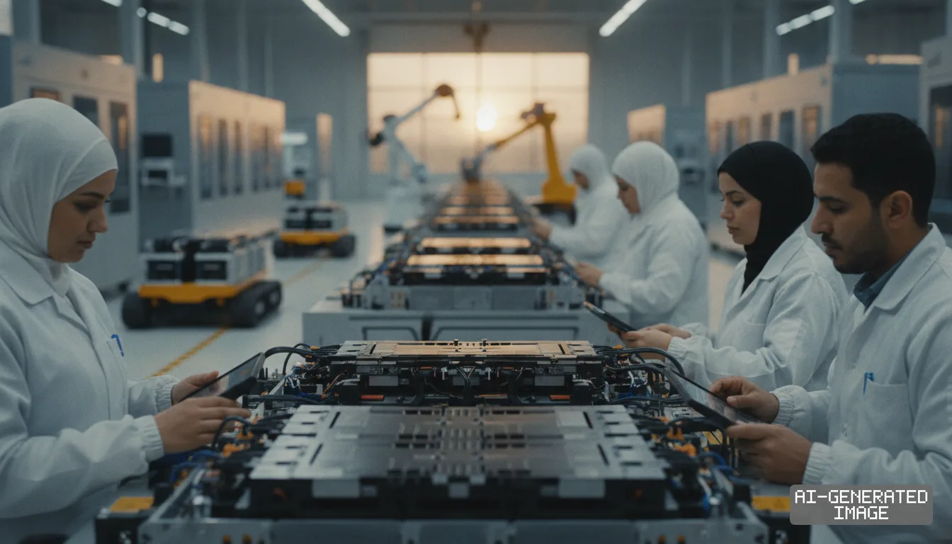 Technicians monitor the assembly of battery packs along an automated production line inside a manufacturing plant. (AI-generated image)