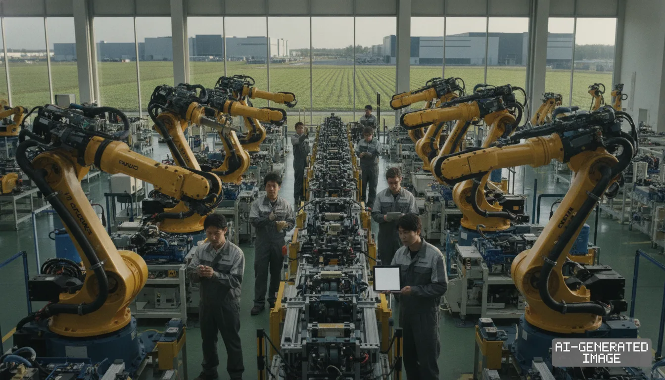 Technicians inspect yellow industrial robotic arms along a factory assembly line inside a modern automation facility. (AI-generated image)