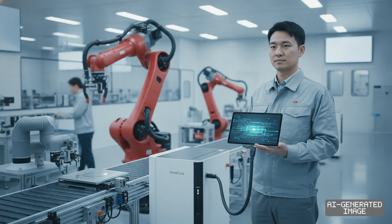 An engineer displays a tablet connected to an OmniCore controller in a factory equipped with industrial robotic arms. (AI-generated image)