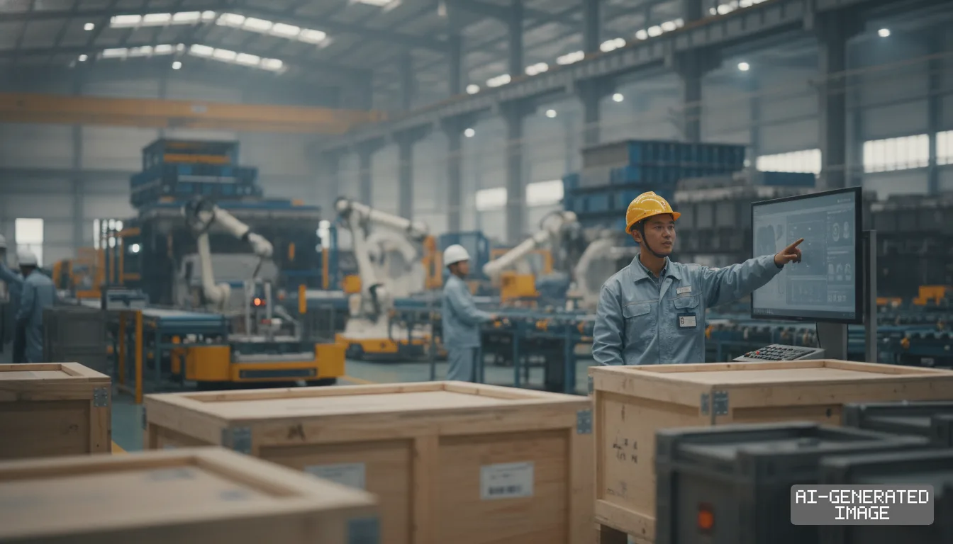 A factory worker points to a monitor beside wooden crates in an industrial plant equipped with automated robotic machinery. (AI-generated image)
