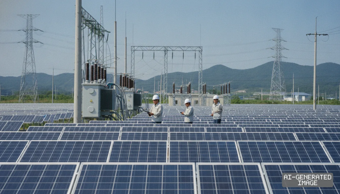 Workers in hard hats inspect a large solar farm equipped with electrical transformers and transmission lines in South Korea. (AI-generated image)