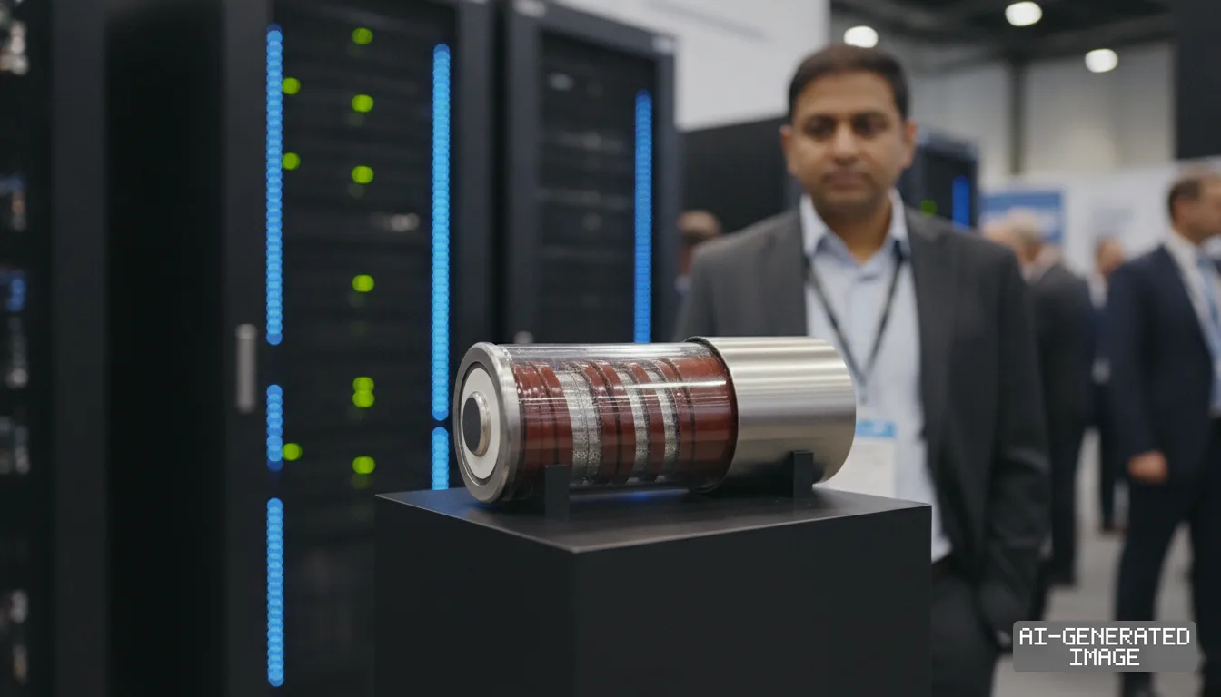 A cutaway model of a cylindrical battery rests on display before server racks as an attendee stands nearby at a technology exhibition. (AI-generated image)