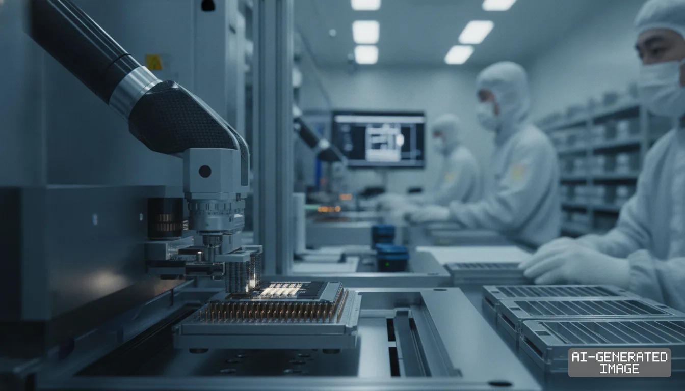 A robotic arm handles semiconductor chips on an advanced packaging line while technicians in cleanroom suits work in the background. (AI-generated image)